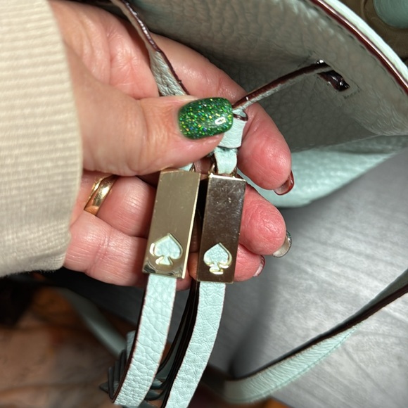 Kate Spade Copper Drawstring Bucket Bag Small Crossbody Strap Lined Light Blue - Picture 10 of 11